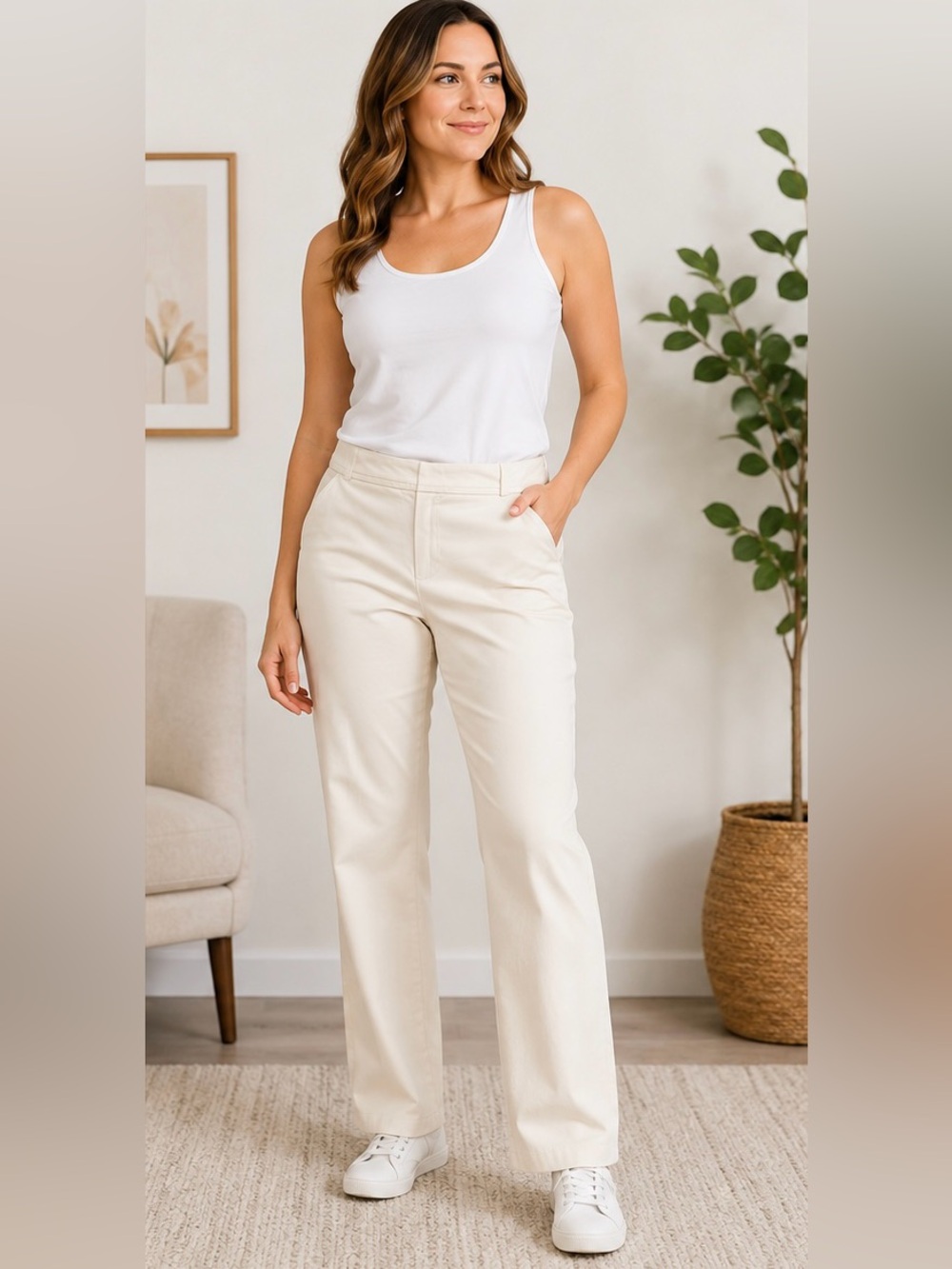 Rafaella Curvy Fit Cream Straight Leg  Pants Women’s 12 Career Office Stretch